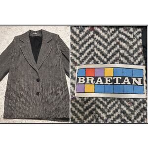 VTG Braetan Herringbone Wool Blend Coat Black White Speckled Korea 7/8 Womens